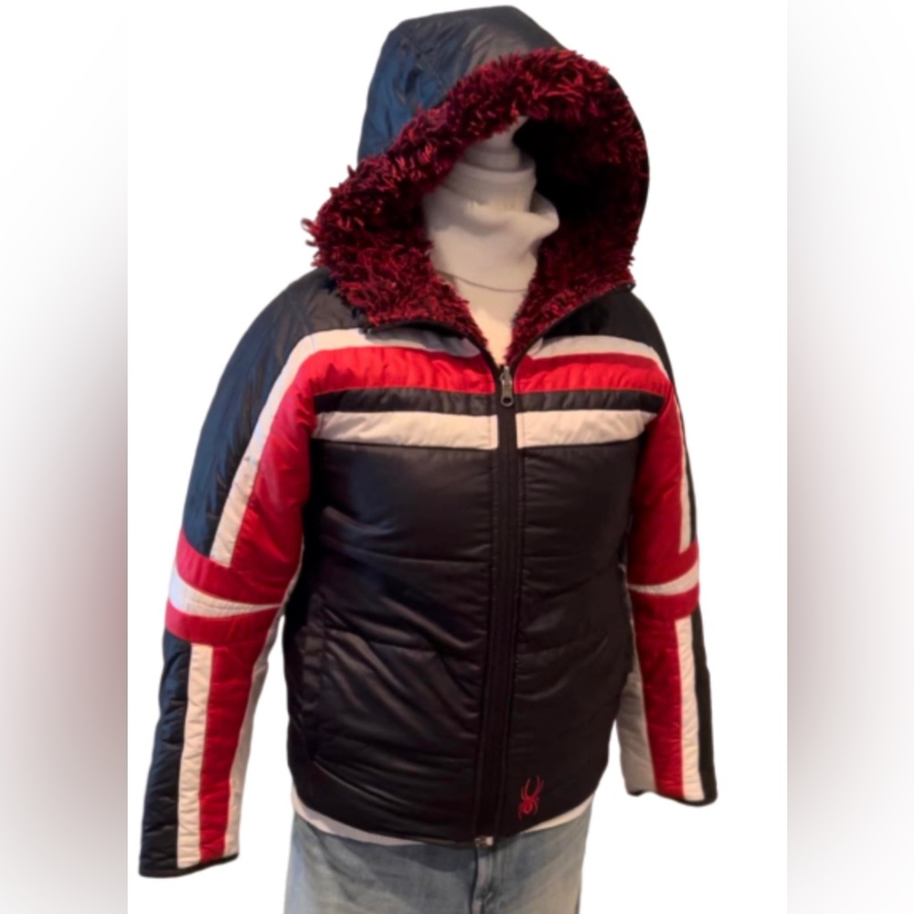 Boy Spyder Red/White/Black Reversible Hooded Ski Jacket with Shaggy Fleece